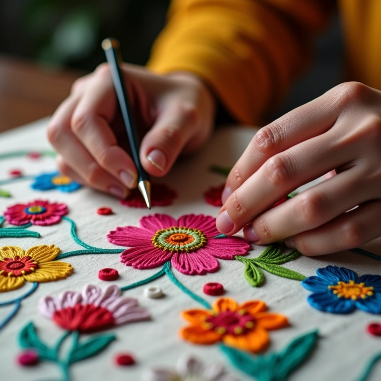 Mãos diversas bordando flores coloridas em tecido com luz natural.