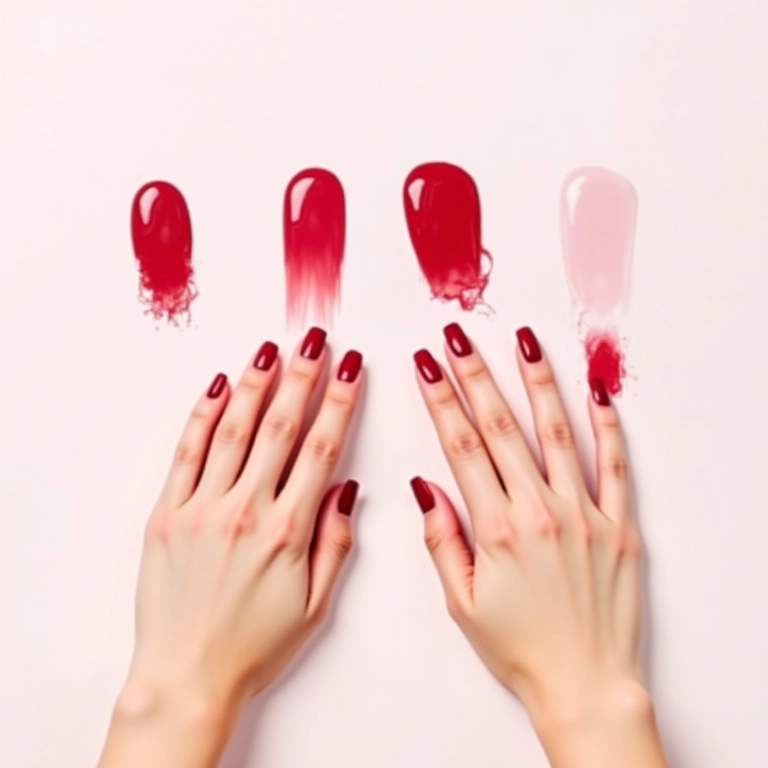 Mãos diversas comparando amostras de esmaltes vermelho cereja escuro.