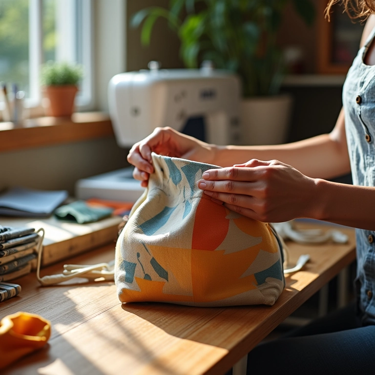 Mãos diversas costurando bolsa sacola de tecido em ateliê colorido.