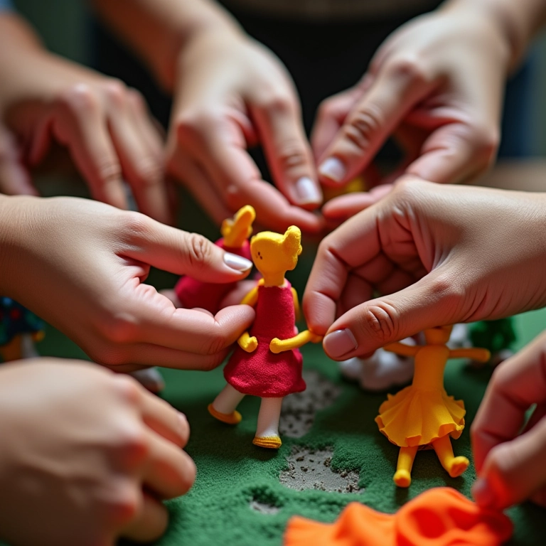 Mãos diversas criando artesanato temático para o Dia do Dançarino.