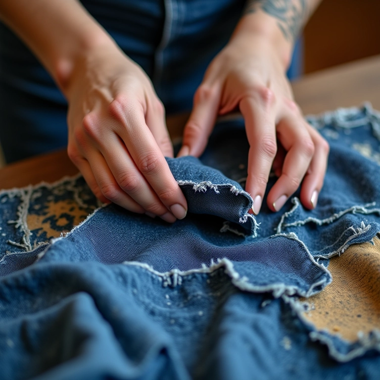 Mãos diversas criando artesanato vibrante com jeans reciclado.
