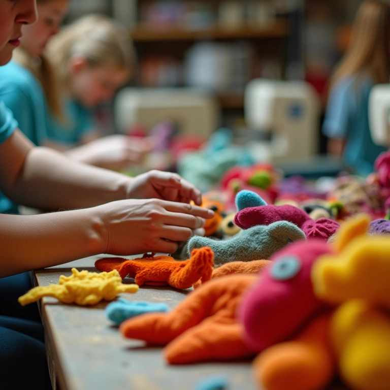 Mãos diversas criando brinquedos de pano artesanais em estúdio colorido.