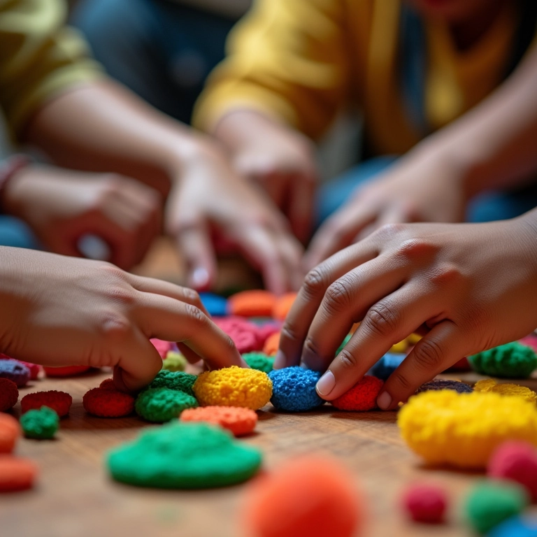 Mãos diversas criando brinquedos sensoriais coloridos em oficina para autistas.
