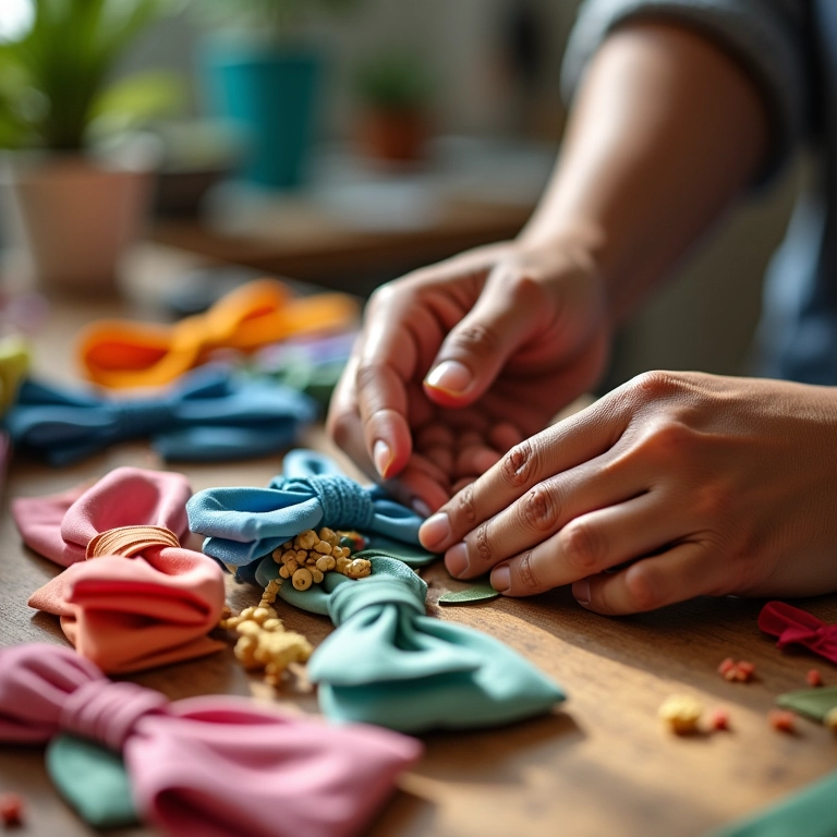 Mãos diversas criando laços boutique coloridos em oficina iluminada.