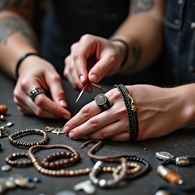 Mãos diversas criando pulseiras e colares temáticos de rock 'n' roll com couro e contas.