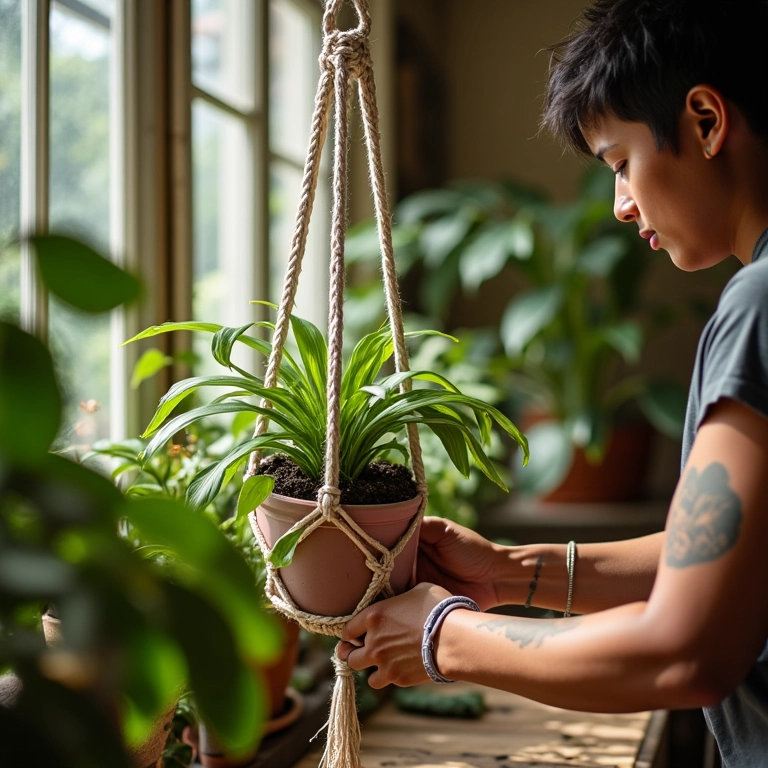 Mãos diversas criando suporte de planta em macramê em oficina ensolarada.