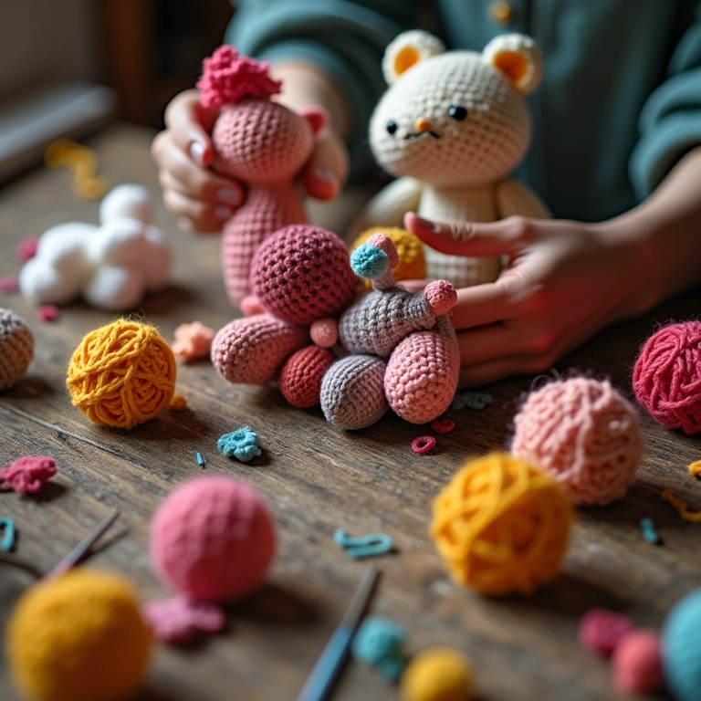 Mãos diversas crocheteando amigurumis coloridos em mesa rústica de madeira.