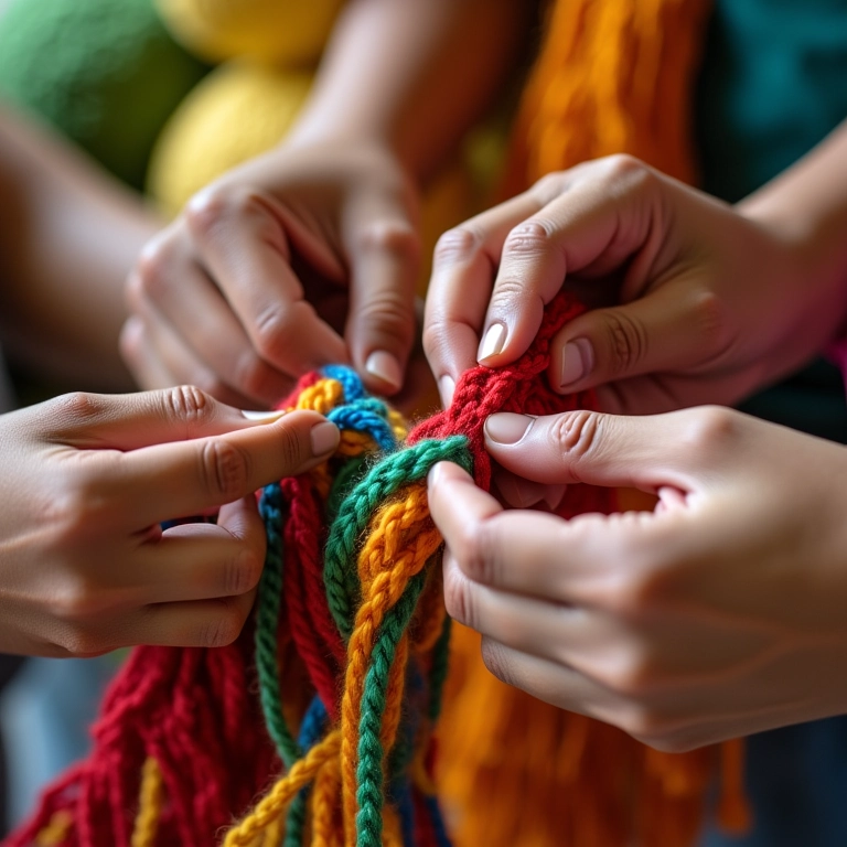 Mãos diversas crocheteando com fios coloridos e agulhas de crochê em ambiente vibrante.