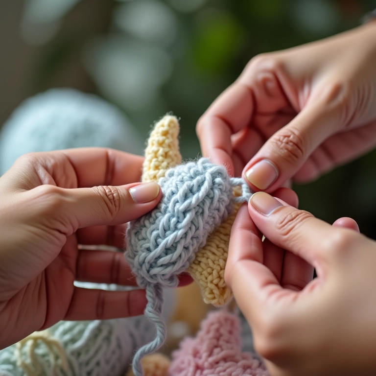 Mãos diversas crocheteando 'meio ponto alto' (mpa) com fio em tons pastel.