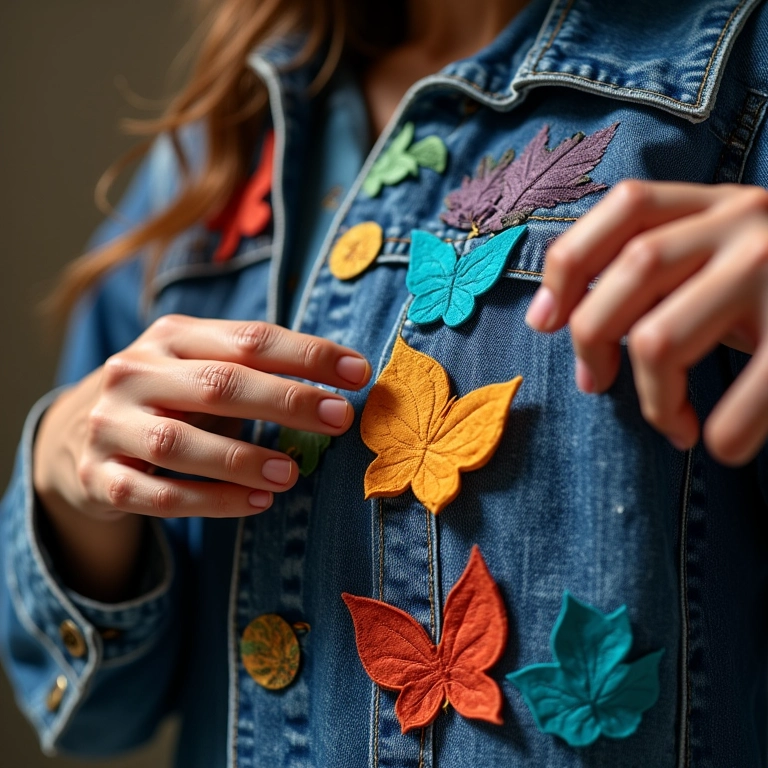 Mãos diversas customizando jaqueta jeans com patches coloridos.