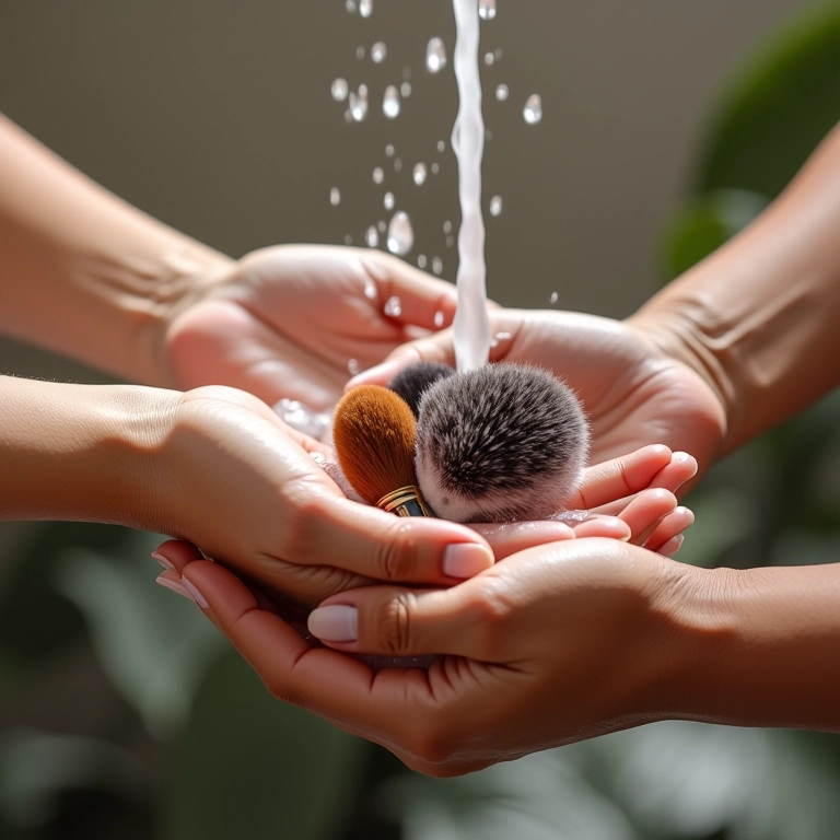 Mãos diversas lavando delicadamente pincéis de maquiagem com sabão sob luz natural.