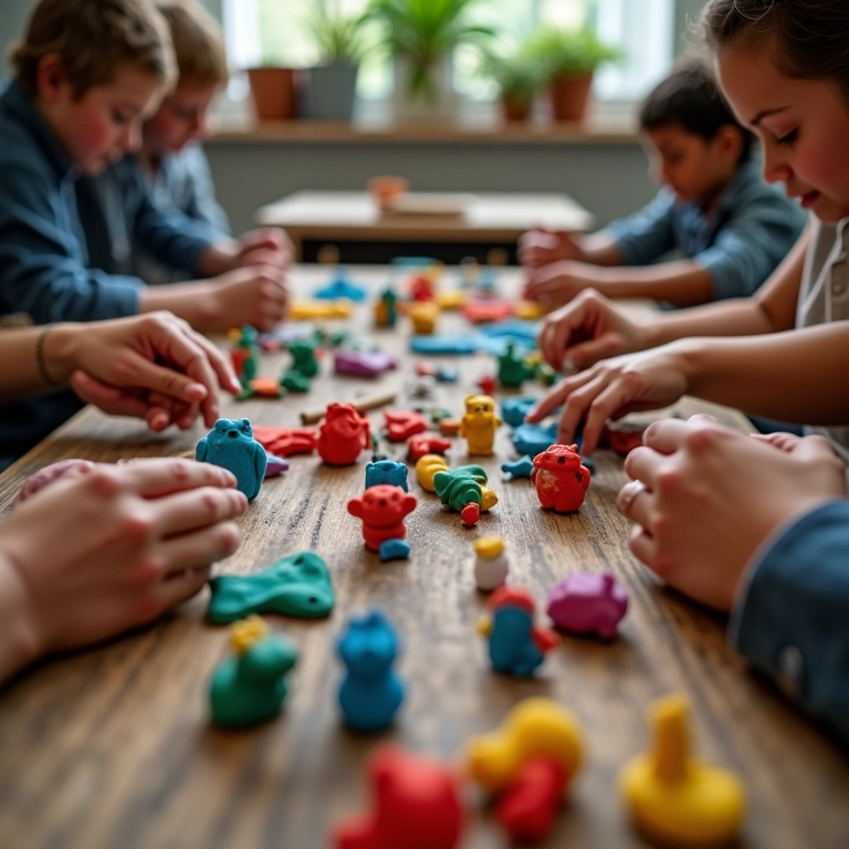 Mãos diversas modelando biscuit colorido em estúdio artesanal.