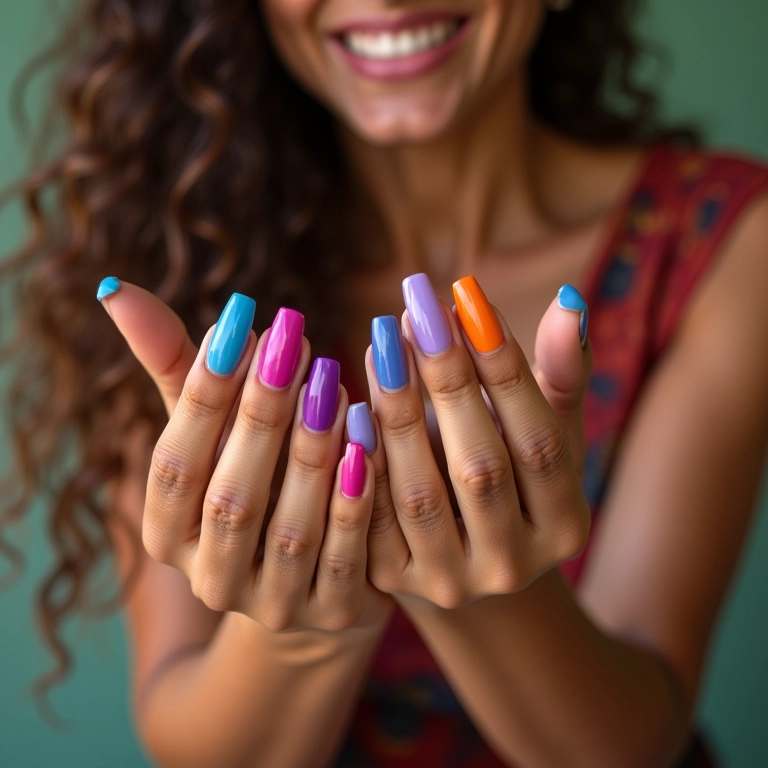 Mãos diversas pintando unhas com esmaltes coloridos.