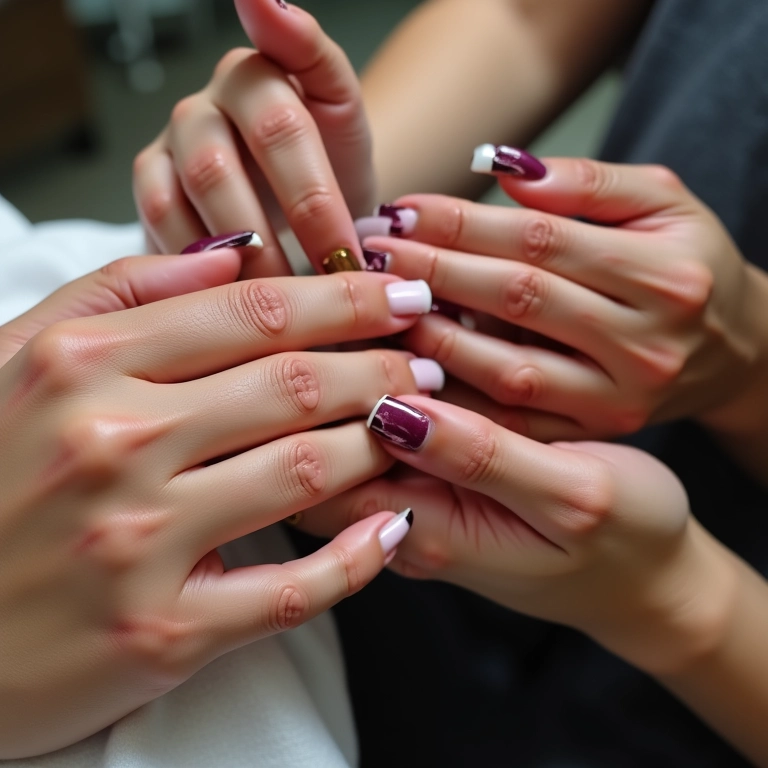 Mãos diversas recebendo blindagem de unhas, antes e depois.