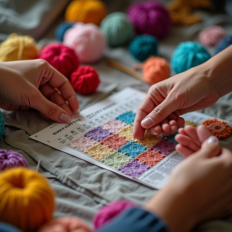 Mãos diversas seguindo gráfico de crochê colorido com luz natural.