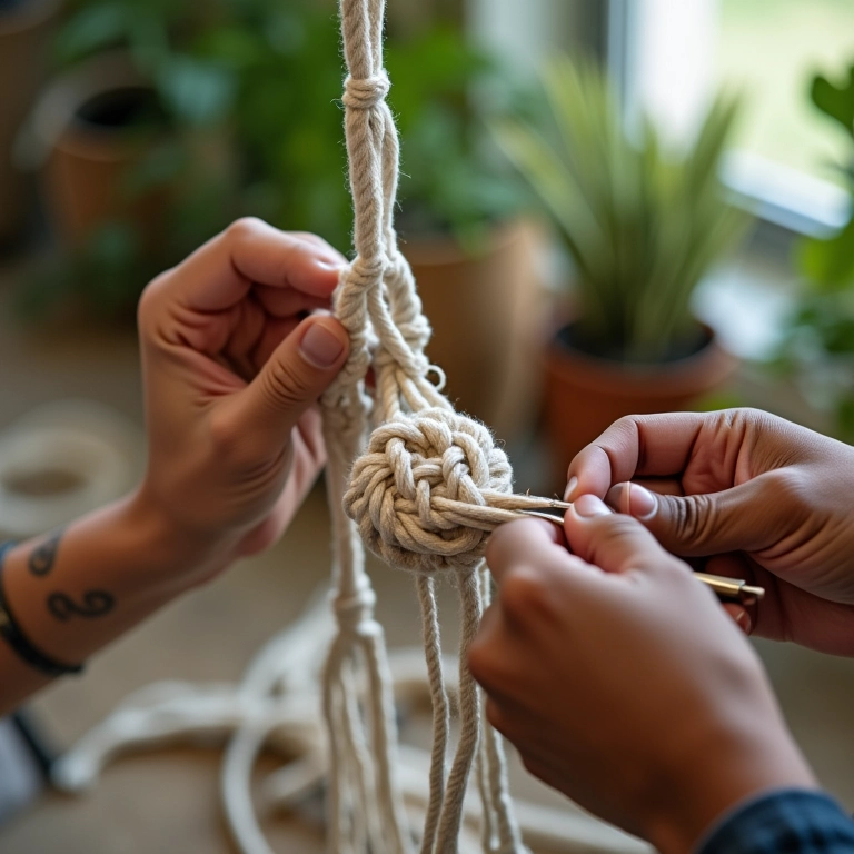 Mãos diversas trabalhando em projeto de macramê com foco nos nós intrincados.