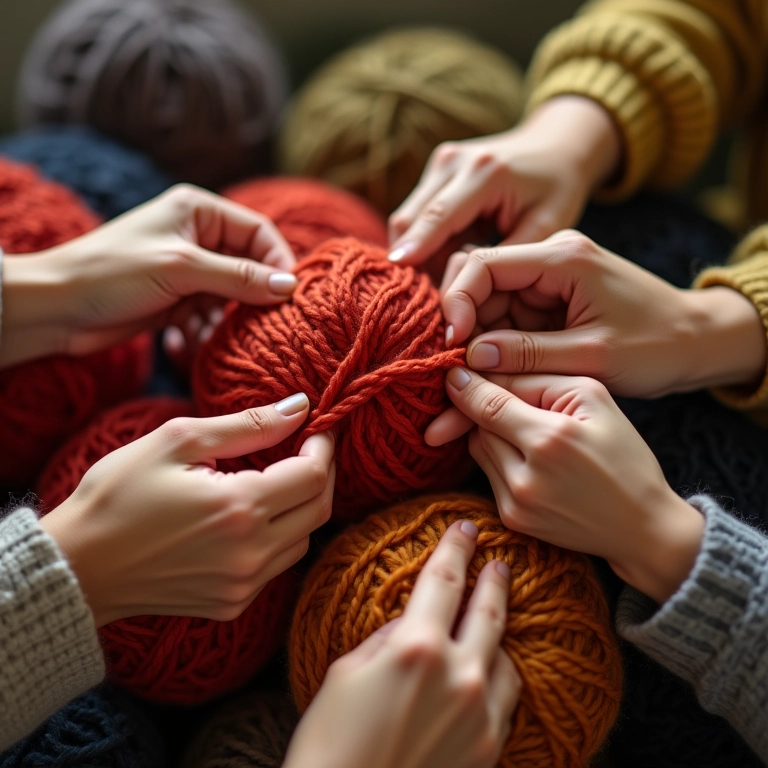 Mãos diversas tricotando com fios coloridos em um ambiente aconchegante.