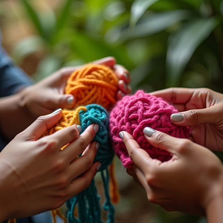 Mãos diversas tricotando crochê colorido em um ambiente aconchegante.
