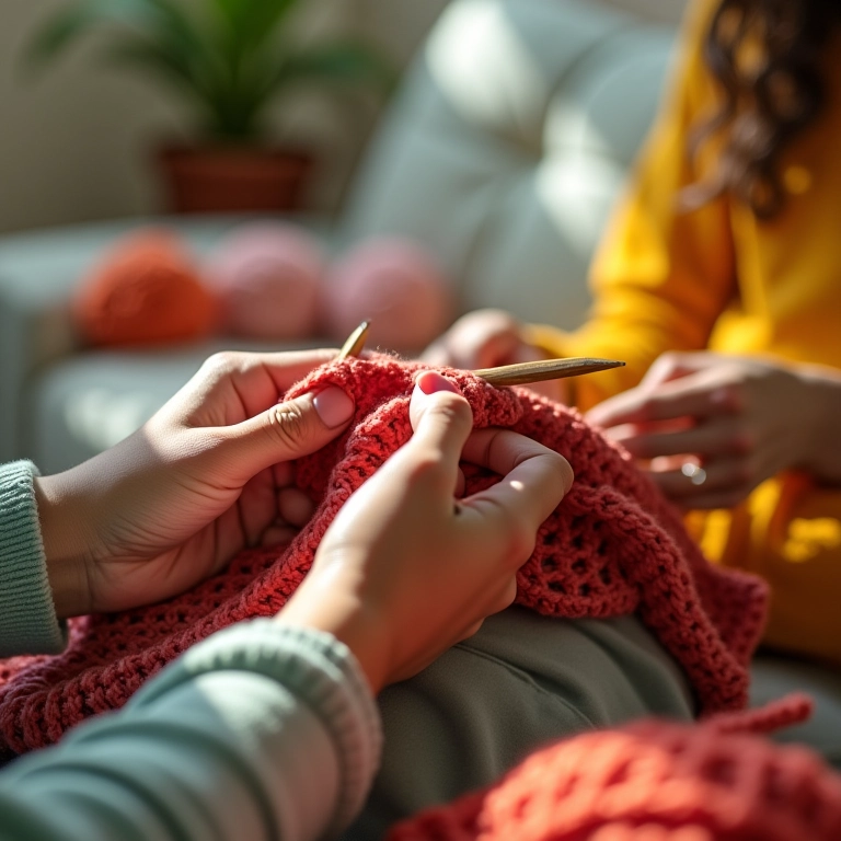 Mãos diversas tricotando roupas de bebê coloridas em ambiente aconchegante.