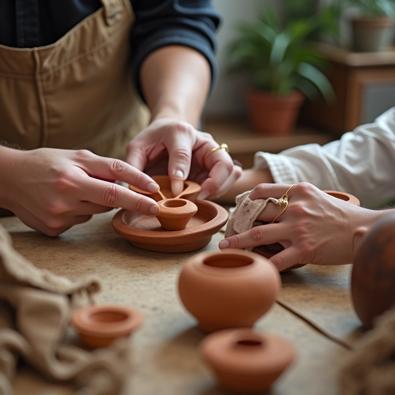 Mãos embalando cerâmica artesanal para envio, com foco nos detalhes e cuidado.