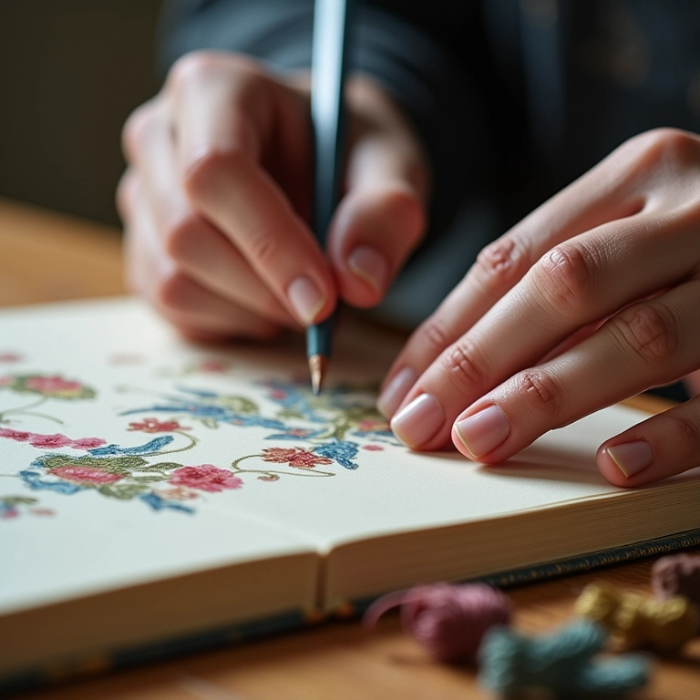 Mãos encadernando um caderno artesanal com costura copta e linhas coloridas.