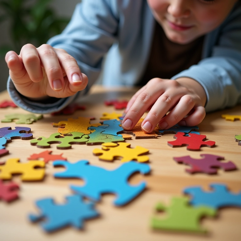 Mãos encaixando peças de quebra-cabeça, desafio para a coordenação viso-motora.