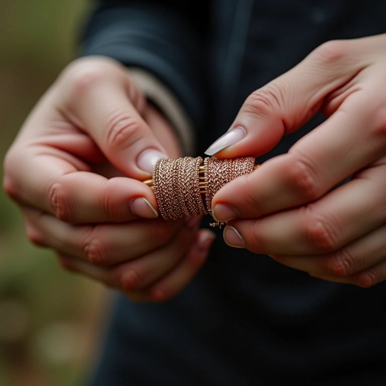 Mãos entrelaçando arames finos para formar uma pulseira delicada.