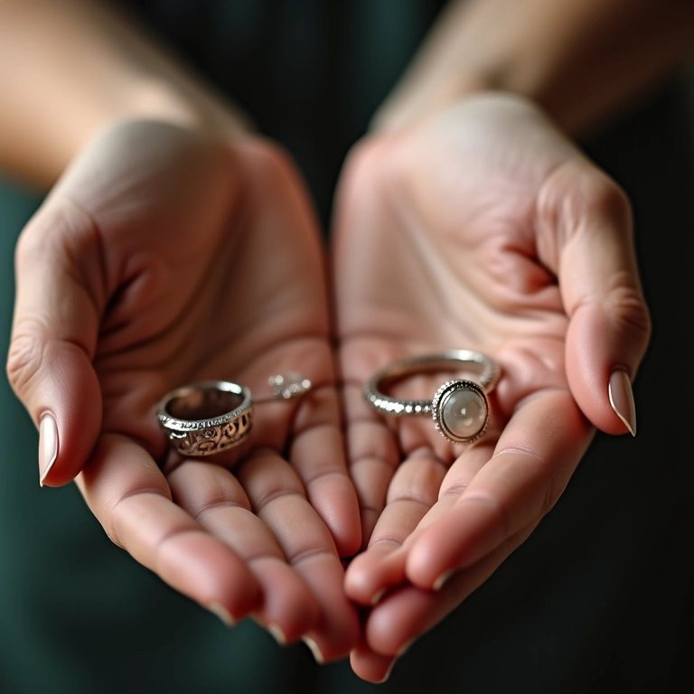 Mãos equilibrando anéis delicados de diferentes tamanhos e designs.