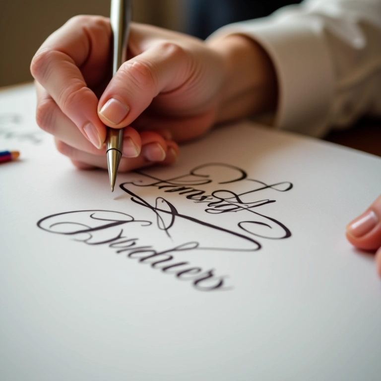Mãos escrevendo nomes e datas especiais com lettering elegante.