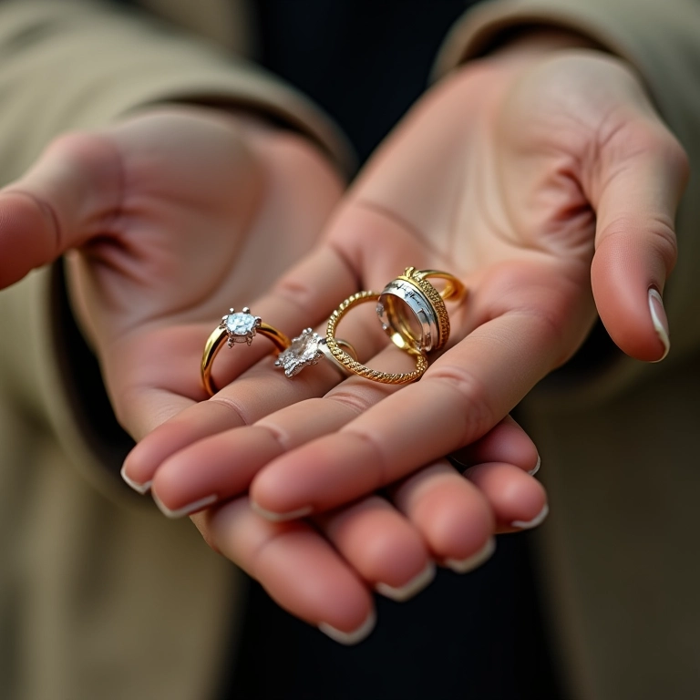 Mãos exibindo anéis delicados feitos de diferentes materiais: ouro, prata e pedras preciosas.