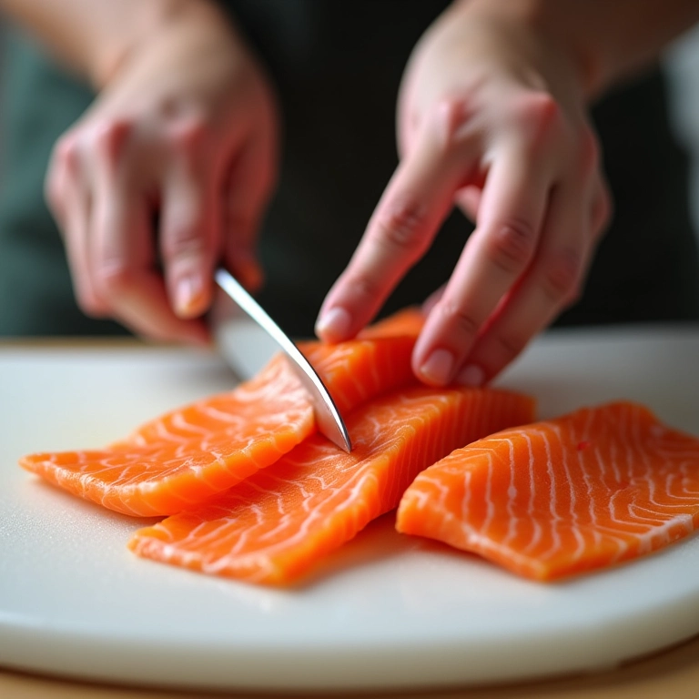 Mãos fatiando salmão fresco para Crudo com cuidado.