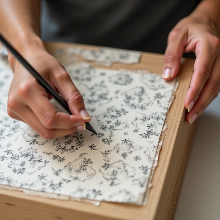 Mãos fazendo decoupage em caixa de MDF com papel colorido.