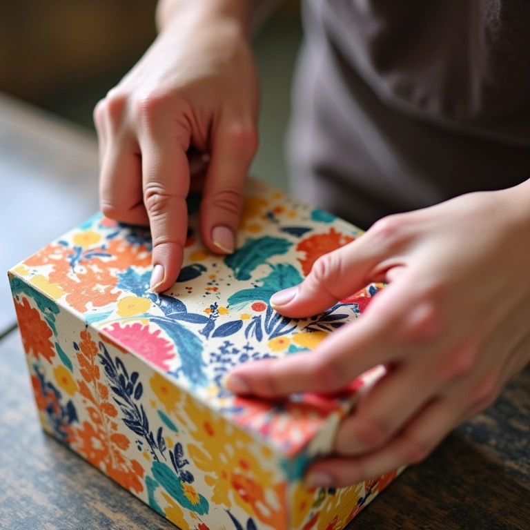 Mãos fazendo decoupage em caixa de MDF com papel colorido.