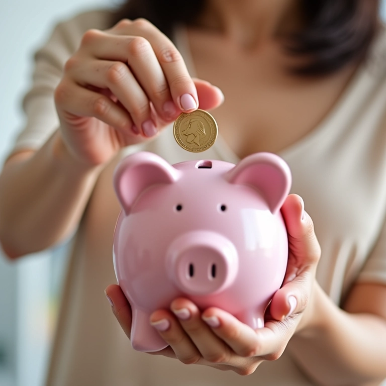 Mãos femininas colocando moeda em um cofrinho, com coletor menstrual ao lado.