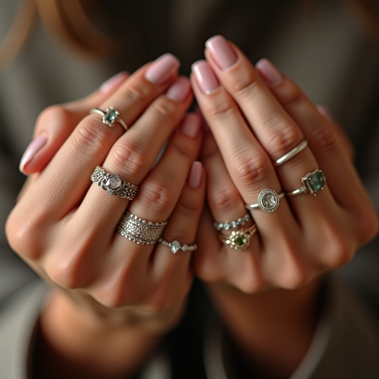 Mãos femininas com diversos anéis delicados em diferentes dedos.