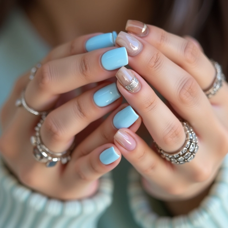 Mãos femininas com esmalte azul pastel e acessórios delicados.