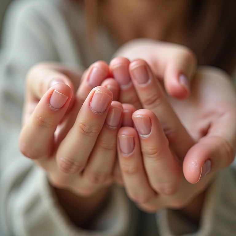 Mãos femininas com pele seca ao redor das unhas, representando falta de hidratação.