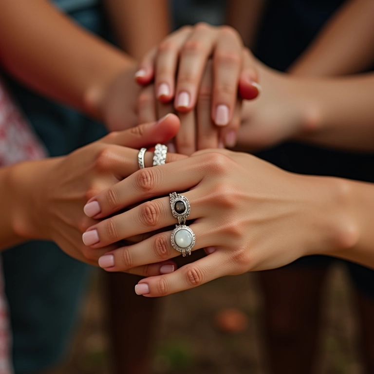 Mãos femininas com vários anéis delicados em diferentes estilos e tons de pele.
