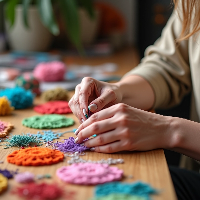 Mãos femininas criando artesanato colorido em mesa de madeira, luz natural.