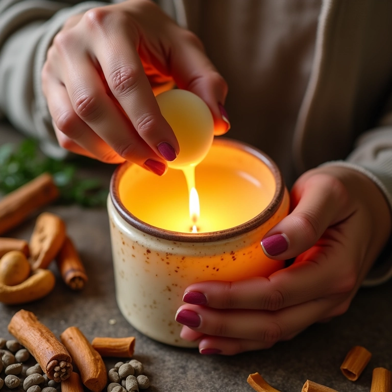 Mãos femininas diversas vertendo cera derretida em pote para vela de massagem artesanal.