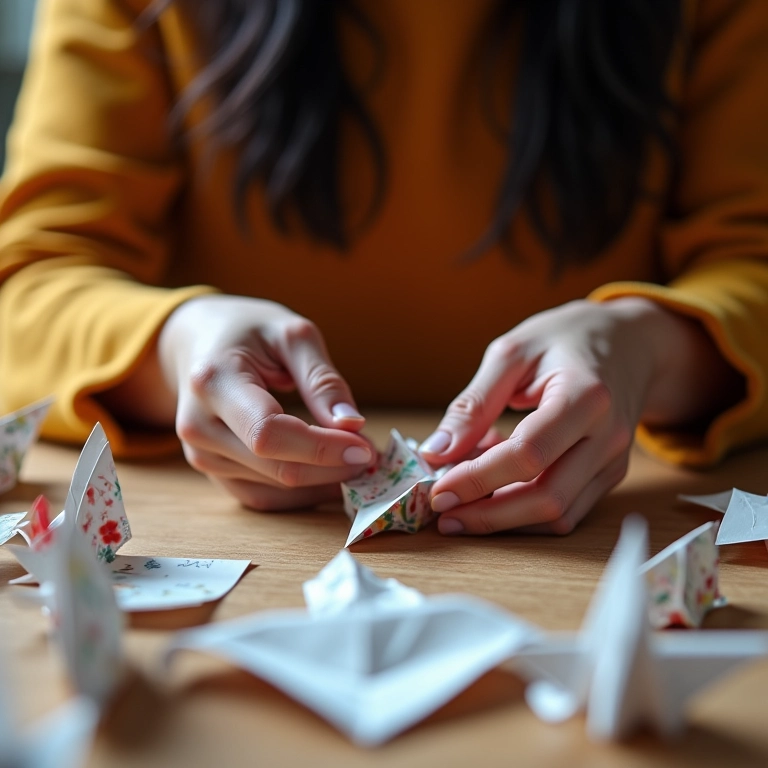 Mãos femininas dobrando origami personalizado com design intrincado em ambiente iluminado.
