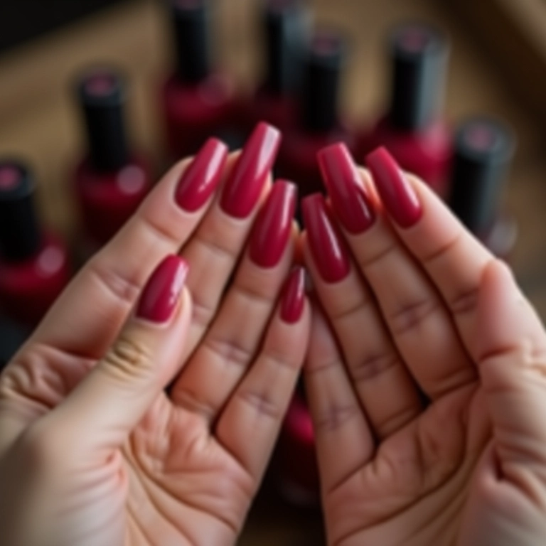 Mãos femininas exibindo unhas pintadas de vermelho cereja escuro.