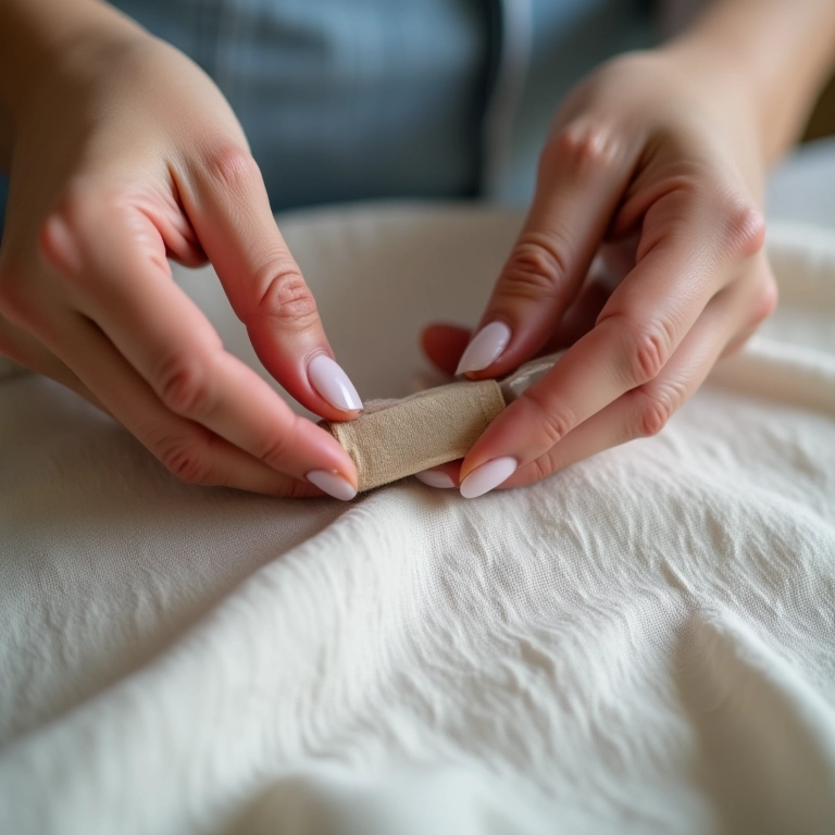 Mãos femininas fazendo ponto atrás em tecido de linho.