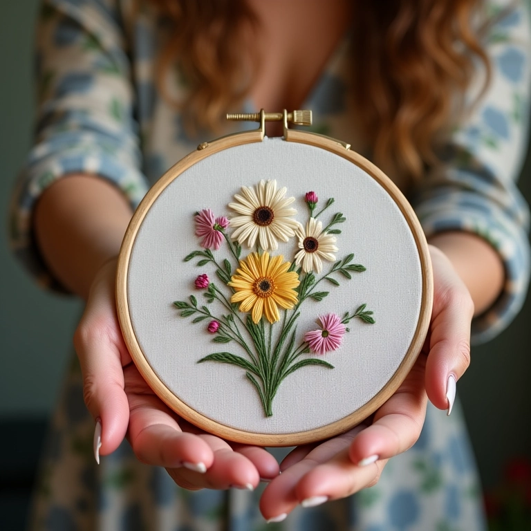Mãos femininas segurando bastidor com bordado de flores delicadas.