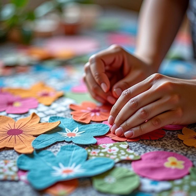 Mãos femininas trabalhando com tecidos de algodão estampados para patchwork em isopor.