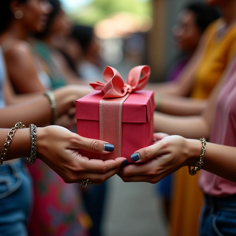 Mãos femininas trocando presentes de moda em mercado brasileiro.