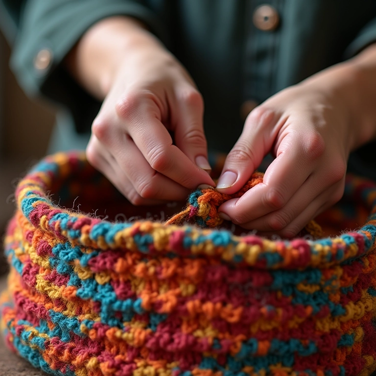 Mãos habilidosas criando cesta de crochê endurecido.