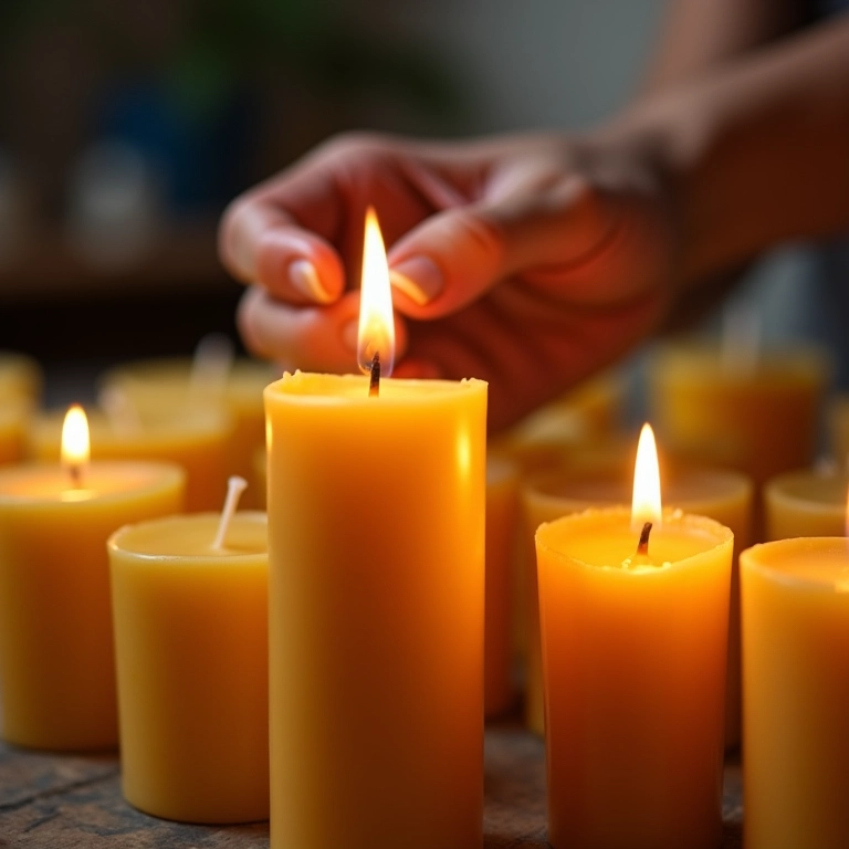 Mãos habilidosas criando velas artesanais de cera de abelha em aconchegante ateliê doméstico brasileiro.