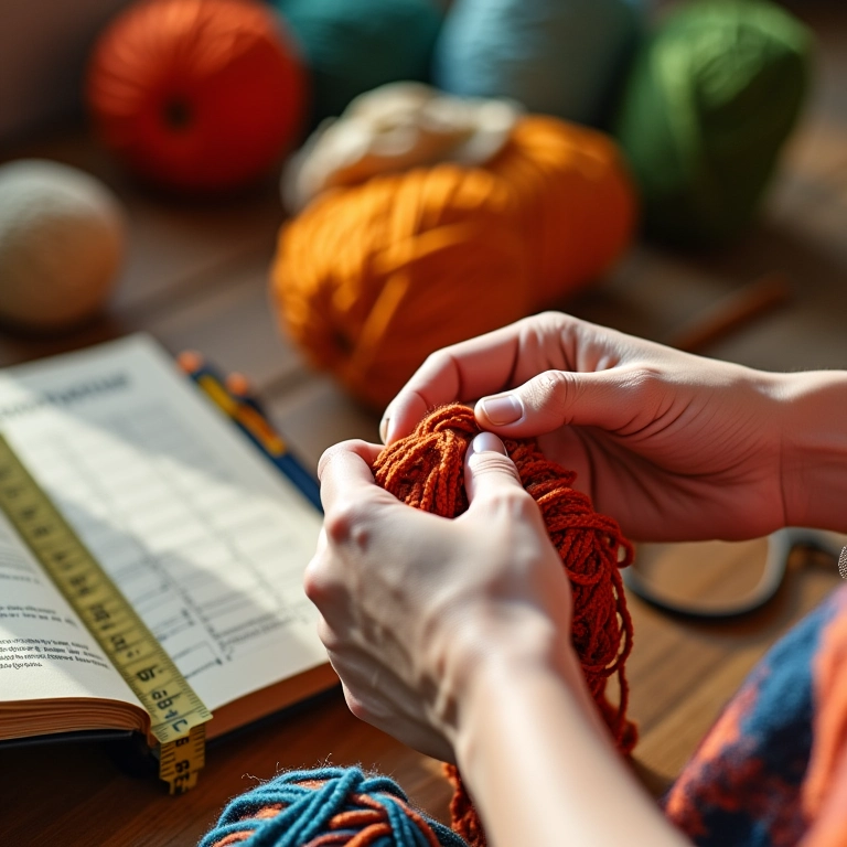 Mãos habilidosas crocheteando com fios coloridos e materiais de cálculo.
