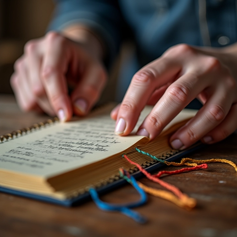 Mãos habilidosas encadernando um diário com costura copta.